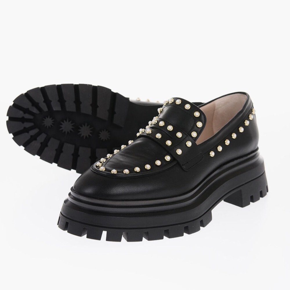 Stuart Weitzman Bedford Black Pearl Studded Slip-On Loafers